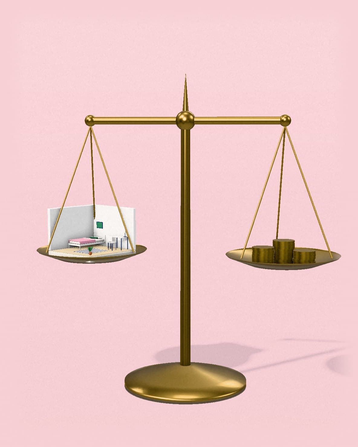 A brass balance scale with a miniature furnished dorm room on one pan and stacks of gold coins on the other.