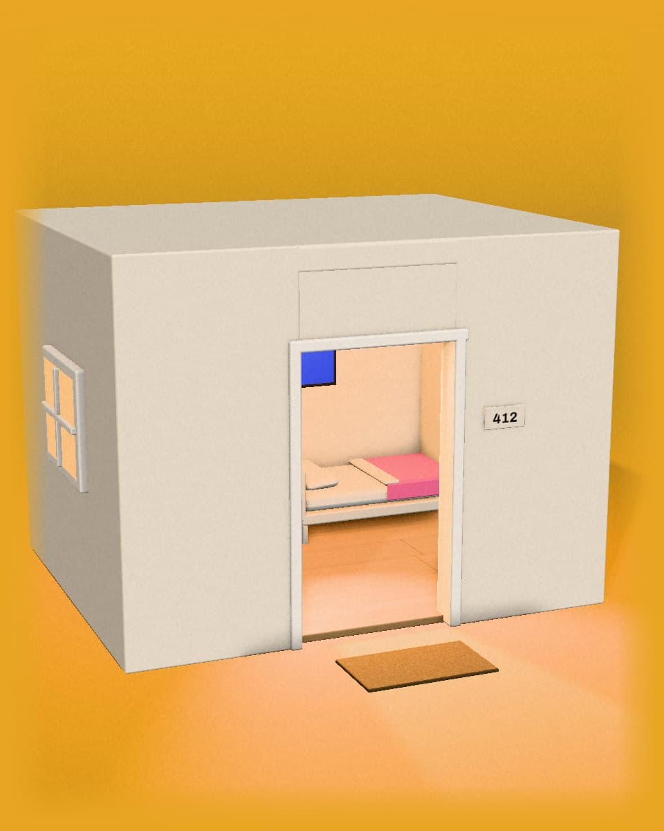 A freestanding dorm room with its door open, a made bed visible inside, and warm light spilling across the doormat.