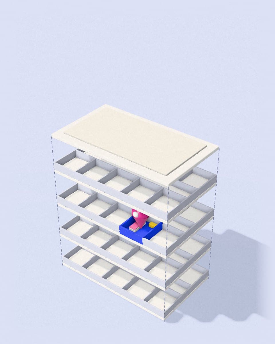 An exploded view of a residence hall, floor by floor, with one room highlighted in blue.