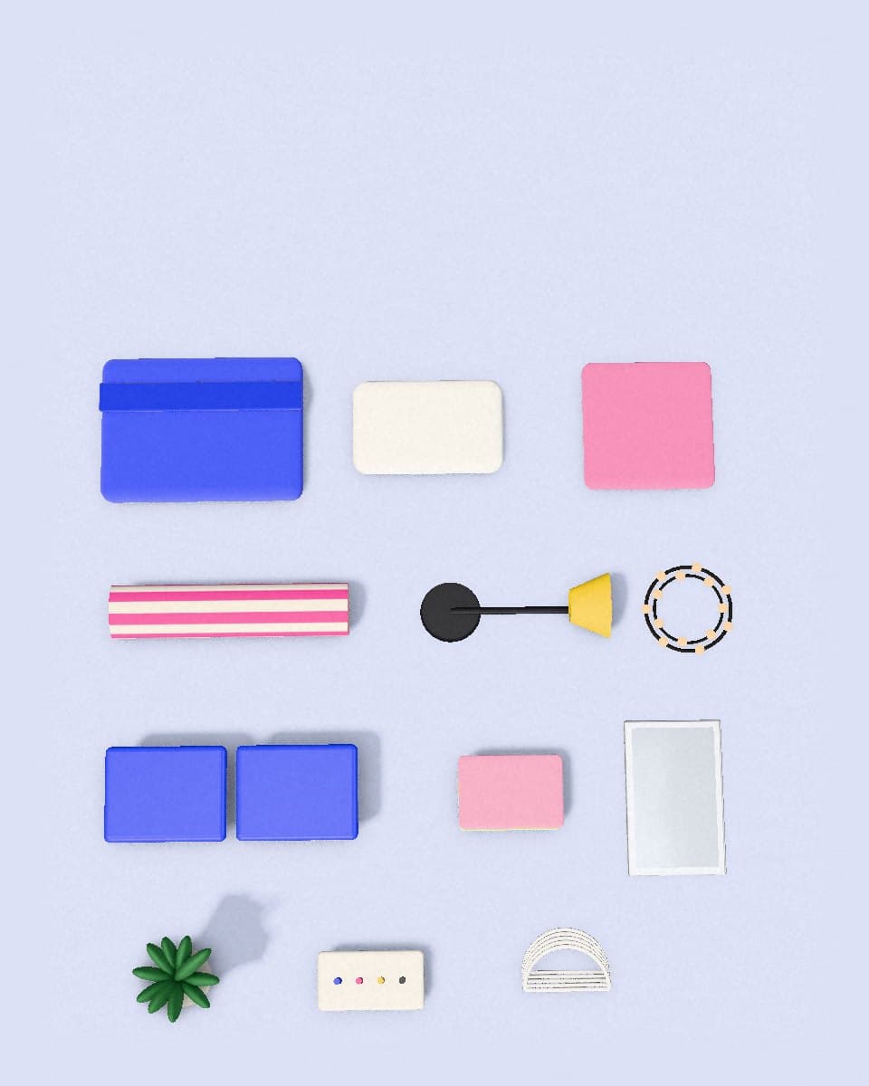 Everything on the list laid out flat: duvet, pillow, throw, rolled rug, lamp, string lights, storage bins, towel, mirror, plant and desk organizer.