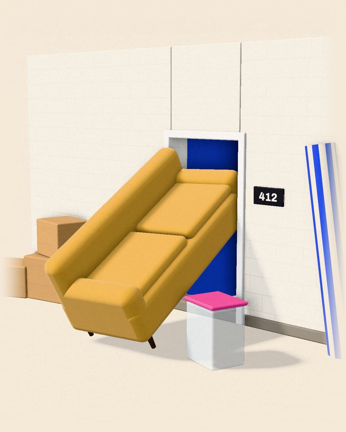 A yellow futon jammed diagonally in the doorway of room 412, with moving boxes, a storage bin and a rolled rug waiting in the hall.