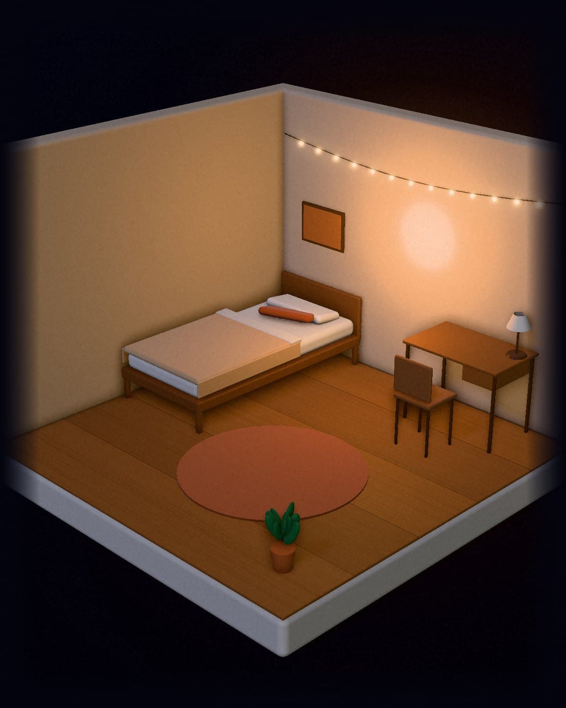 The same room furnished and lit warm by string lights.