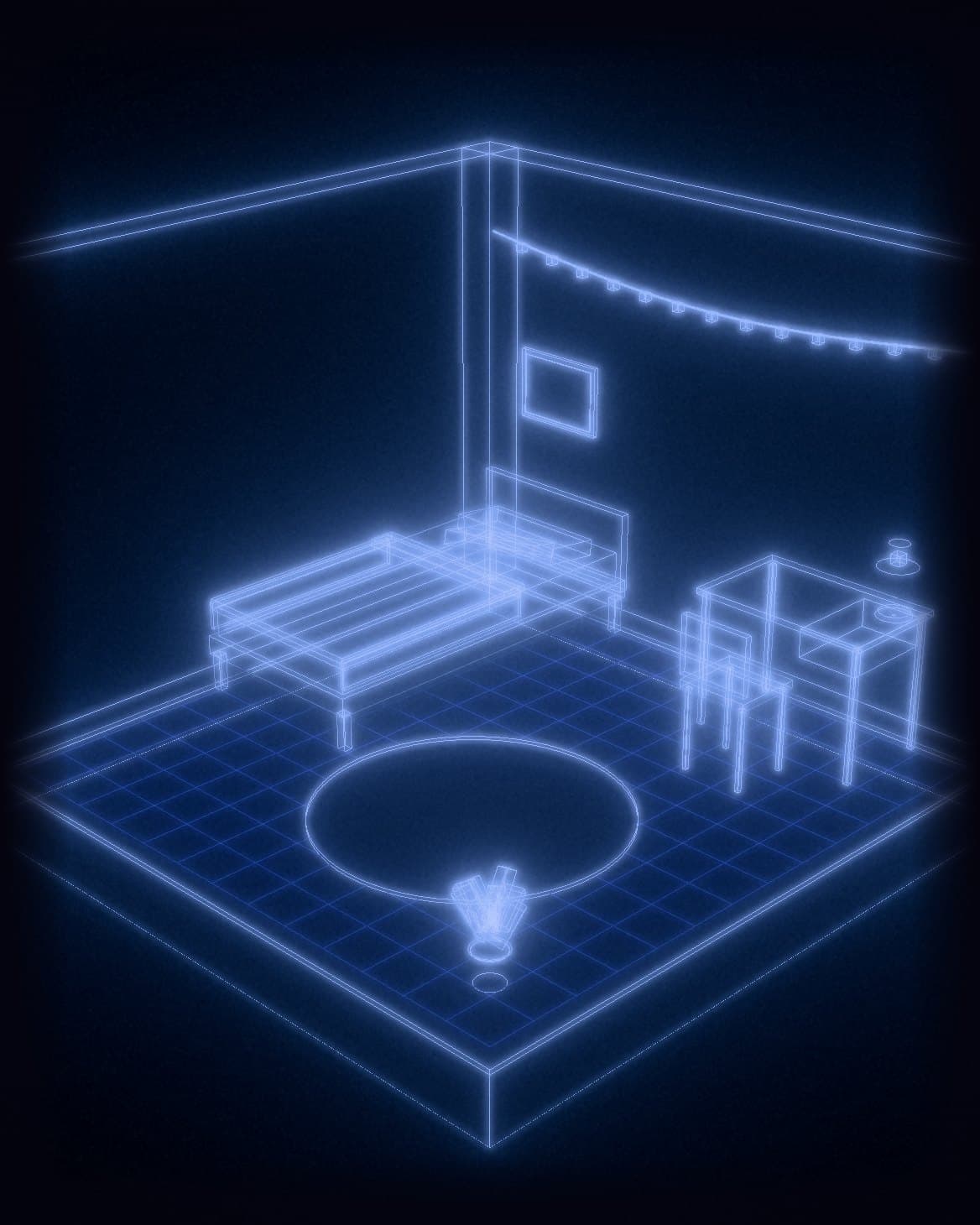 A dorm room drawn as a glowing blue 3D wireframe: bed, desk, rug and string lights.