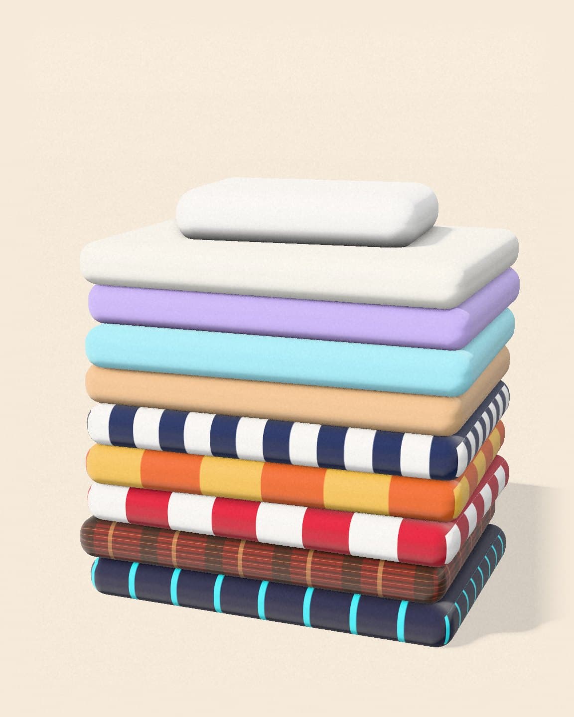 A stack of folded duvets, one in each vibe's colors, topped with a white pillow.