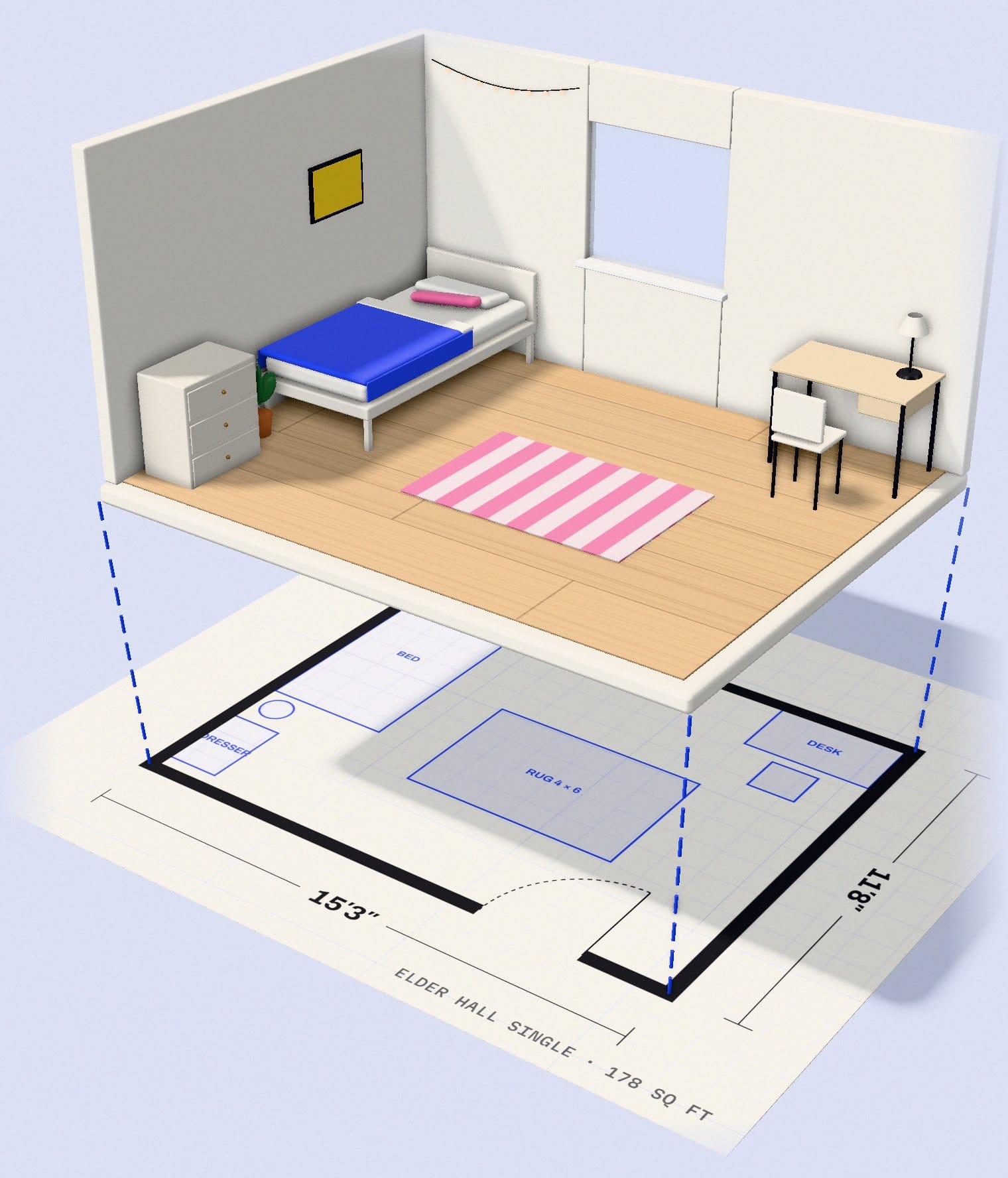 A furnished dorm room floating above its own floor plan, with dashed guide lines linking its corners to the drawing, marked 15 feet 3 inches by 11 feet 8 inches.
