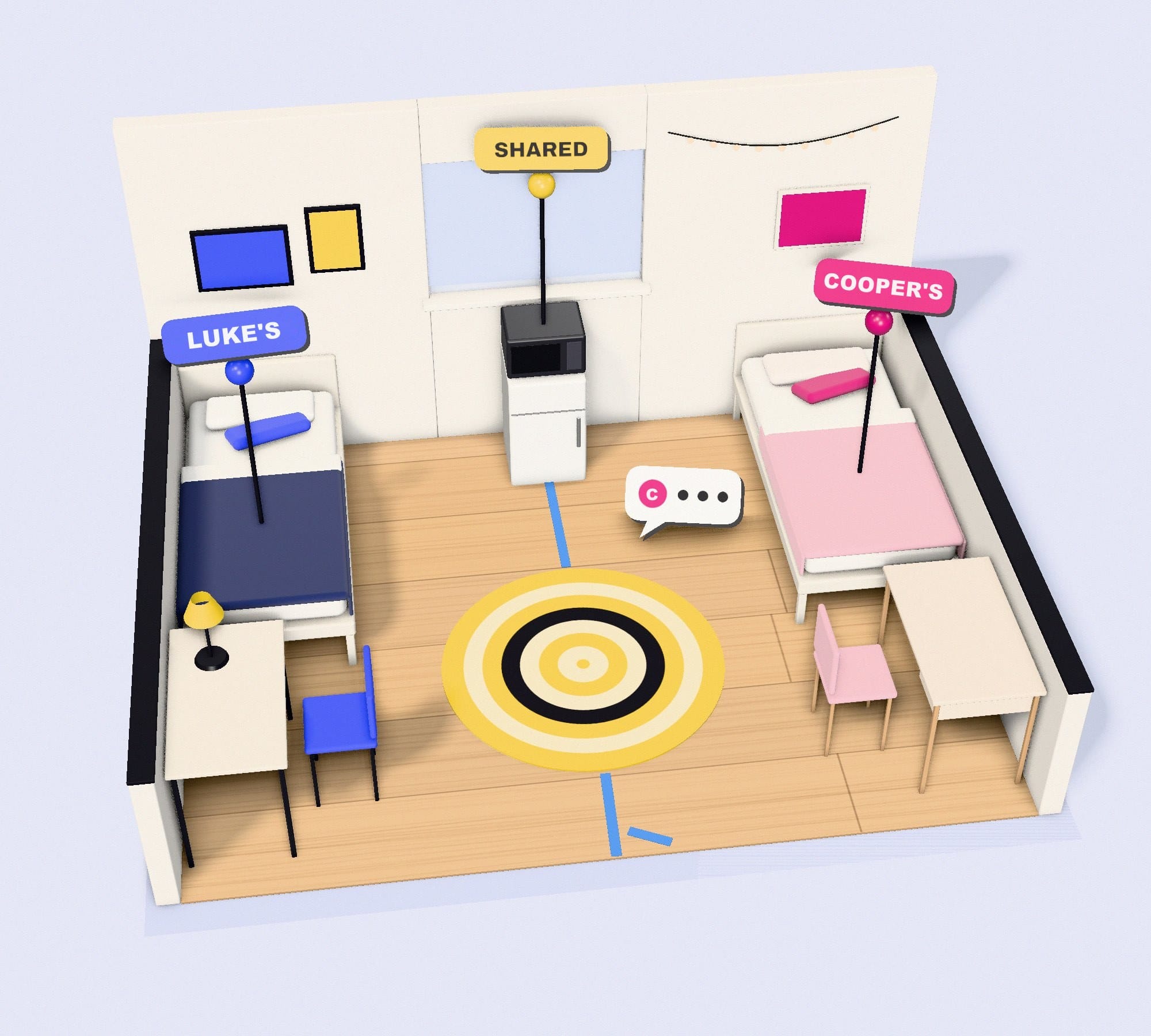 A dorm double split down the middle by a strip of blue painter's tape. One bed on the left, one on the right, and a shared mini fridge and round yellow rug in the middle, each tagged with its owner.