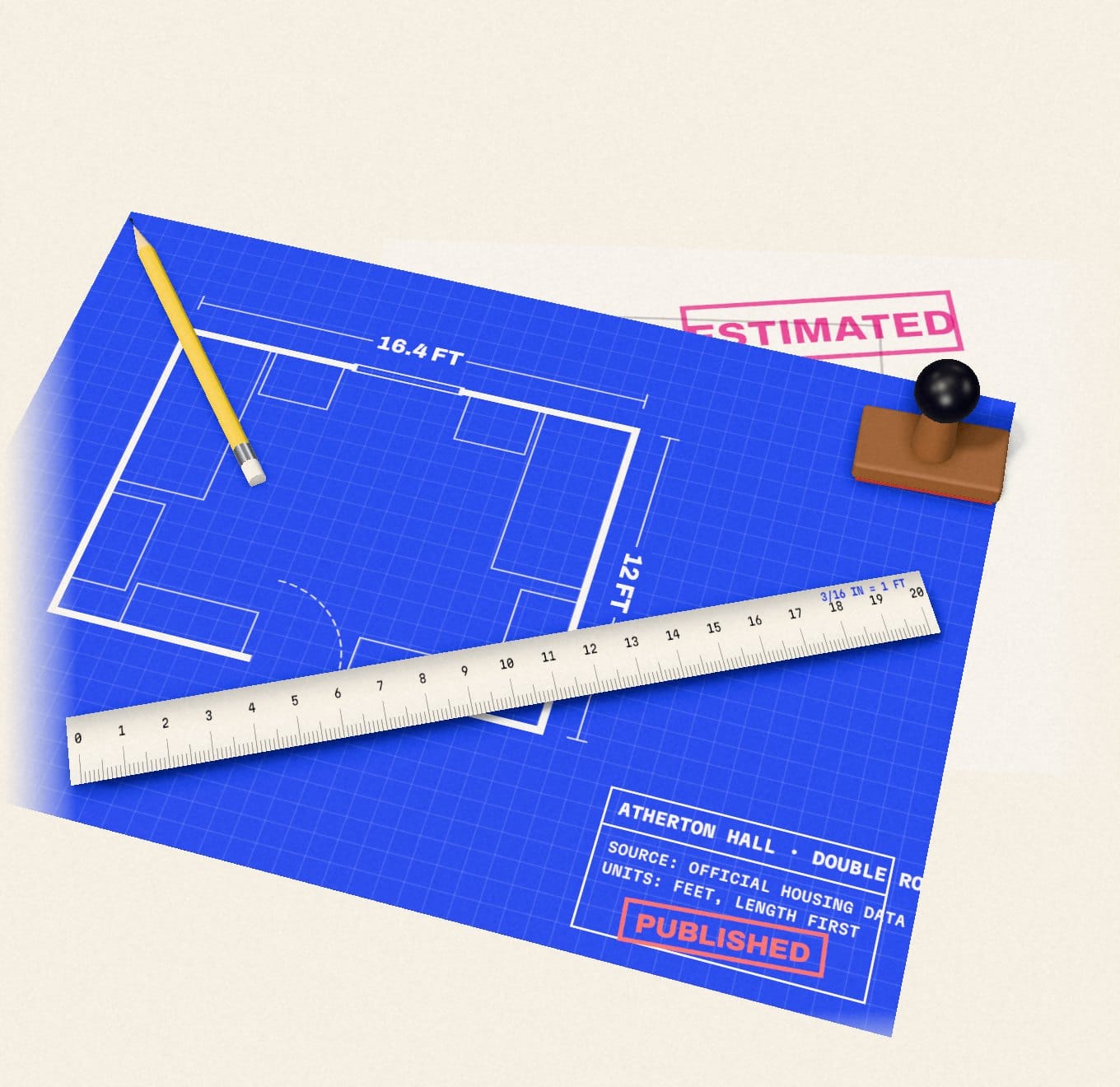 A blue floor-plan blueprint of an Atherton Hall double, 16.4 by 12 feet, stamped Published, with an architect's scale ruler, a pencil and a rubber stamp; a white sheet stamped Estimated lies underneath.