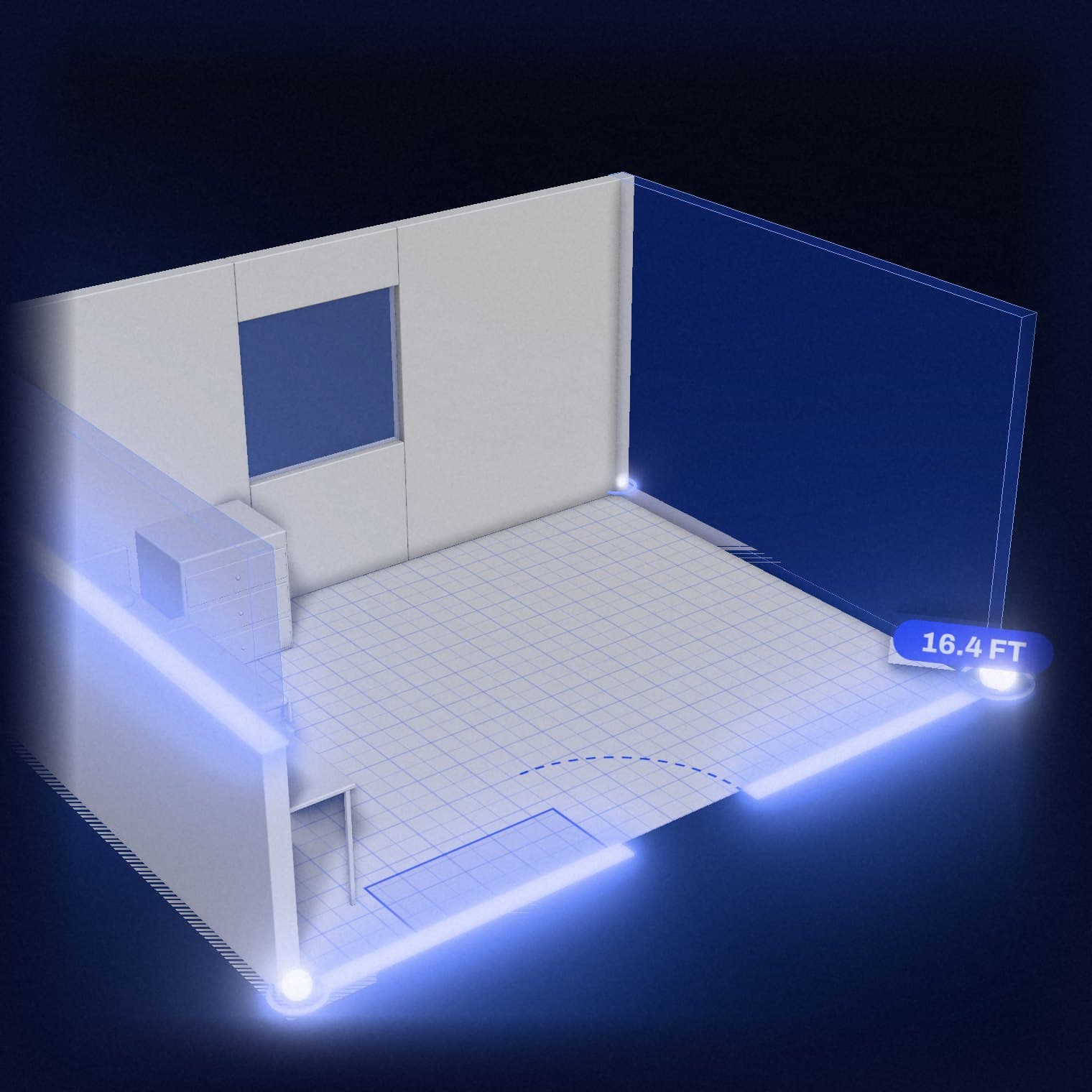 A dorm room being built in the 3D Room Builder, its walls going up around a corner dragged to 16.4 feet