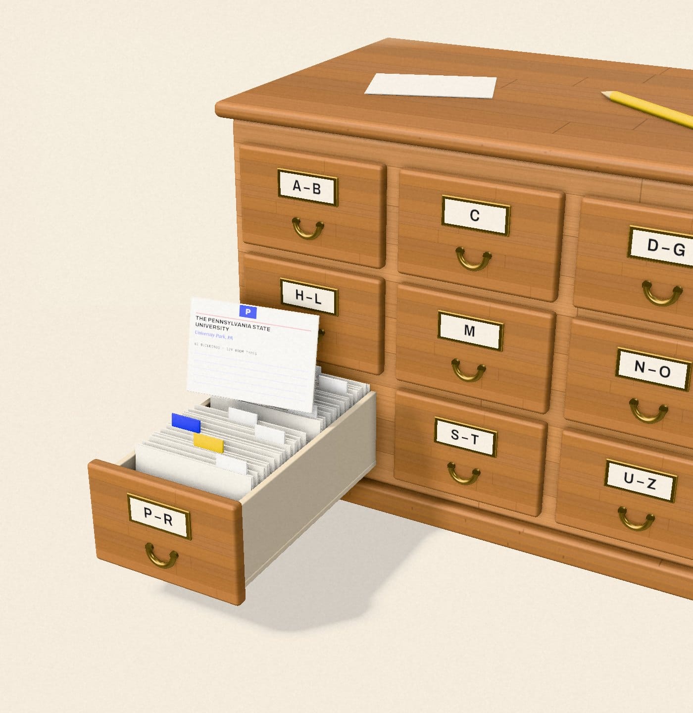 A wooden card catalog with its P–R drawer pulled out and one index card raised.