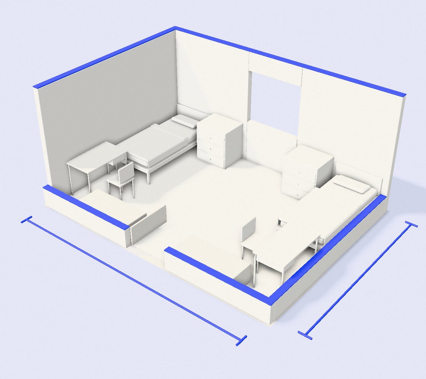 A white clay model of a furnished dorm room with two beds, two desks and dressers, its walls edged in blue.