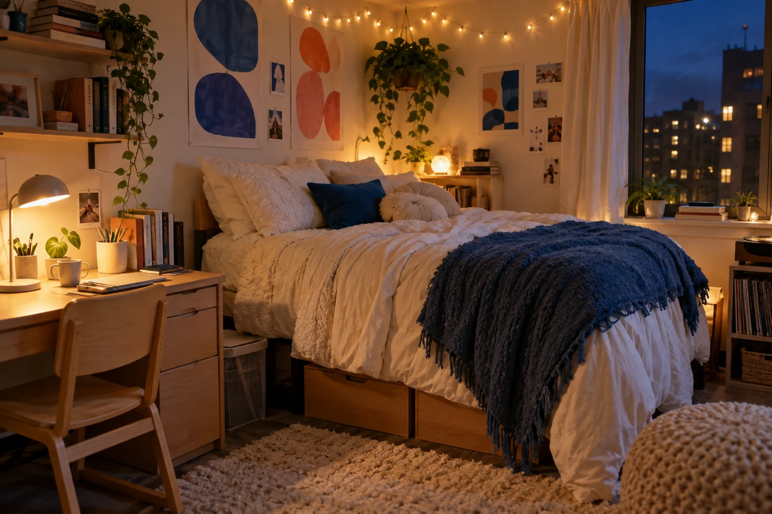 A dorm style study with blue bedding, warm wood, and soft string lights